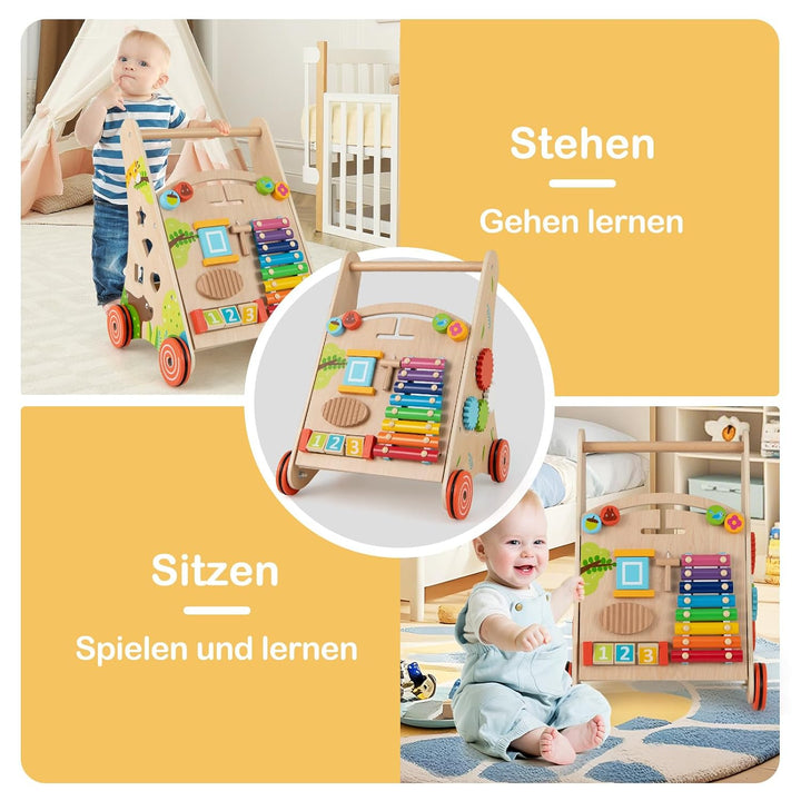 COSTWAY Lauflernhilfe Holz, Baby Lauflernwagen mit Griff, Stauraum und Rädern zum Schieben und Ziehe