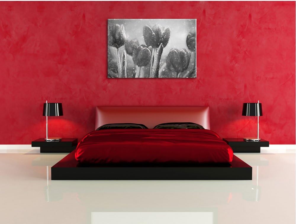 Pixxprint Rote Tulpen mit Tropfen bedeckt als Leinwandbild/Grösse: 100x70 cm/Wandbild/Kunstdruck/fer