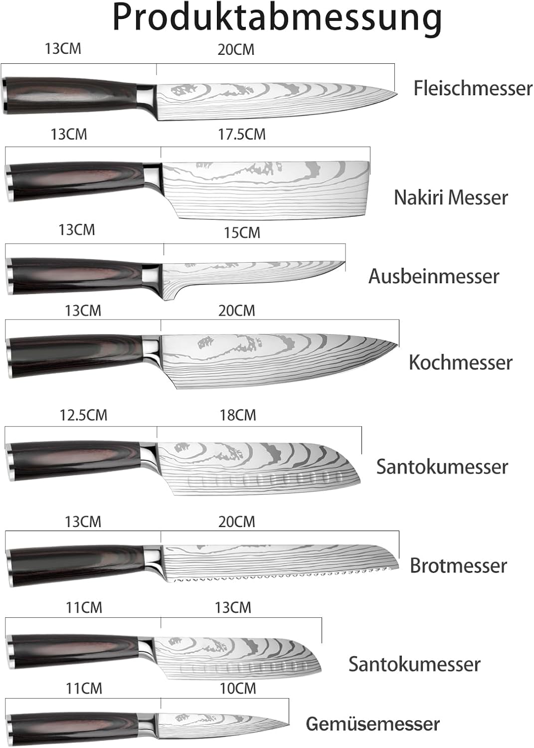 Gustrug Messerset 8-tlg Küchenmesser Set aus Hochwertigem Edelstahl, Ultra Scharfes Messer set mit E