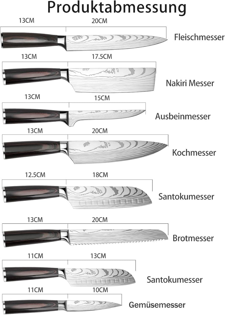 Gustrug Messerset 8-tlg Küchenmesser Set aus Hochwertigem Edelstahl, Ultra Scharfes Messer set mit E