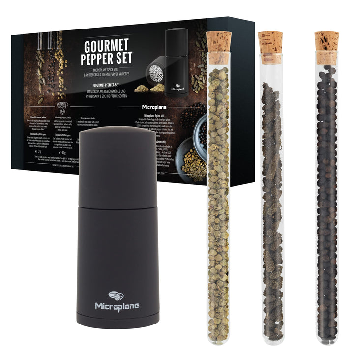 Microplane Gewürzmühle im Set mit Tellicherry Pfeffer, Grüner Pfeffer &amp; Schokoladenpfeffer