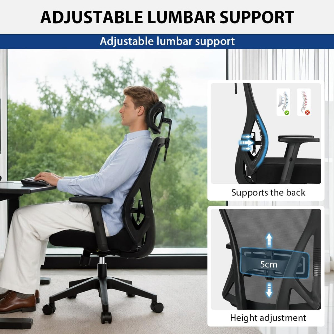 Durrafy Bürostuhl Ergonomisch, Bürostuhl, Schreibtischstuhl mit Verstellbarer Kopfstütze, Armlehnen,