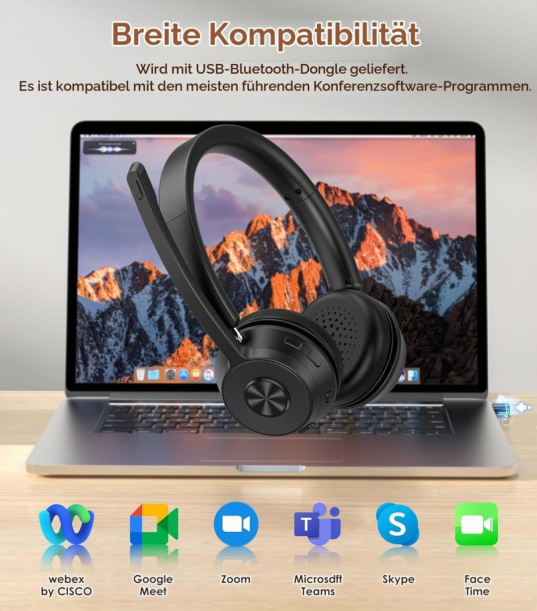 Soothielec Bluetooth Headset, Kabelloses Headset mit Mikrofon mit Geräuschunterdrückung, bestes Head