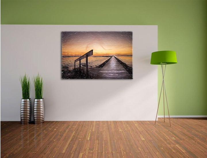 Pixxprint Langer Steg an der Nordsee / 100x70cm Leinwandbild bespannt auf Holzrahmen/Wandbild Kunstd