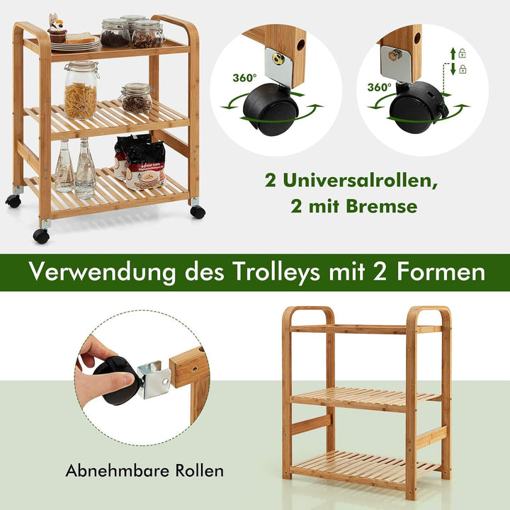 COSTWAY Servierwagen Bambus auf Rädern, Küchenwagen mit 3 Ablagen & Griffen, Lagerregal mit abnehmba