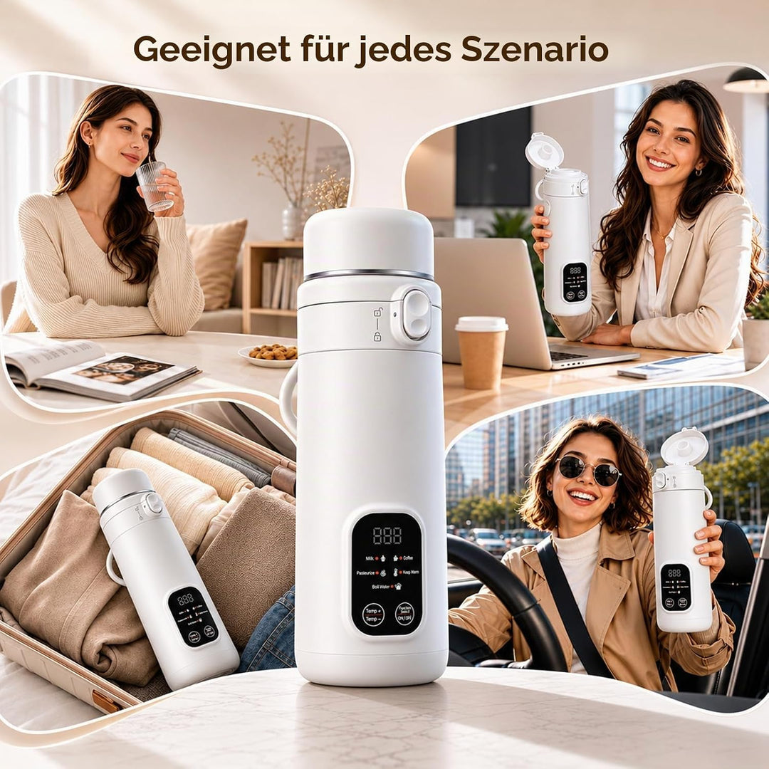 Reisewasserkocher 500ml mit 5 Temperaturen, Mini Wasserkocher 316L Edelstahl, USB/AC/12V Netzbetrieb