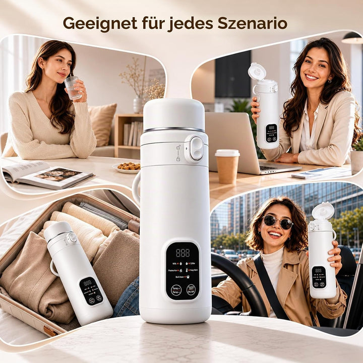 Reisewasserkocher 500ml mit 5 Temperaturen, Mini Wasserkocher 316L Edelstahl, USB/AC/12V Netzbetrieb