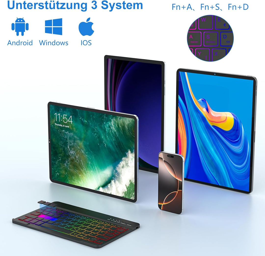 MMK Bluetooth-Tastatur, Deutsches QWERTZ-Layout mit 7-Farbiger Hintergrundbeleuchtung, Mini Wireless