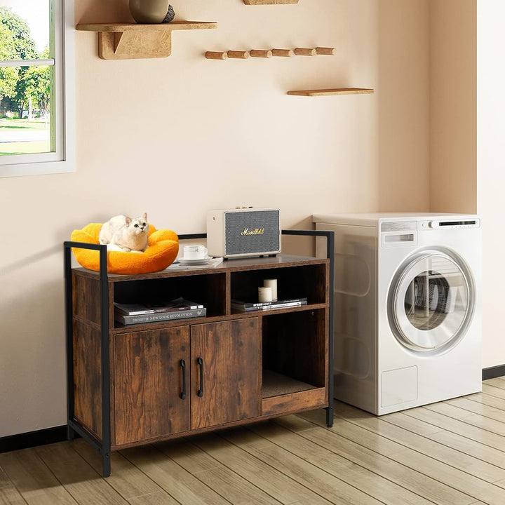 GOPLUS Katzenschrank, Katzentoilette mit Doppeltüren & stabilem Metallrahmen & Kratzbrett & 2 Fächer