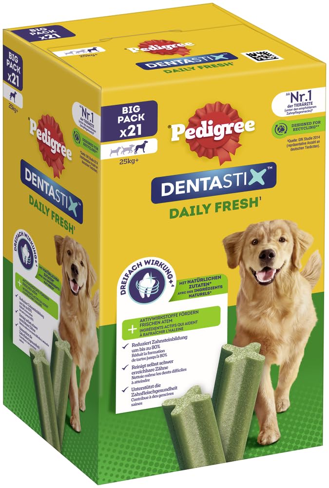 Pedigree DentaStix Daily Fresh Zahnpflegesnack für grosse Hunde (+25kg), 112 Sticks, 4er Pack, 4x28