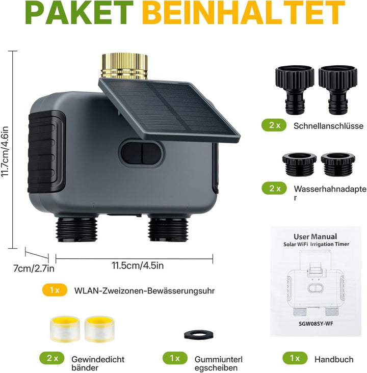 Mcbazel Solares Bewässerungscomputer mit 2 Ausgängen, WLAN-Bewässerungsuhr mit Solar &amp; USB-C-Aufladu