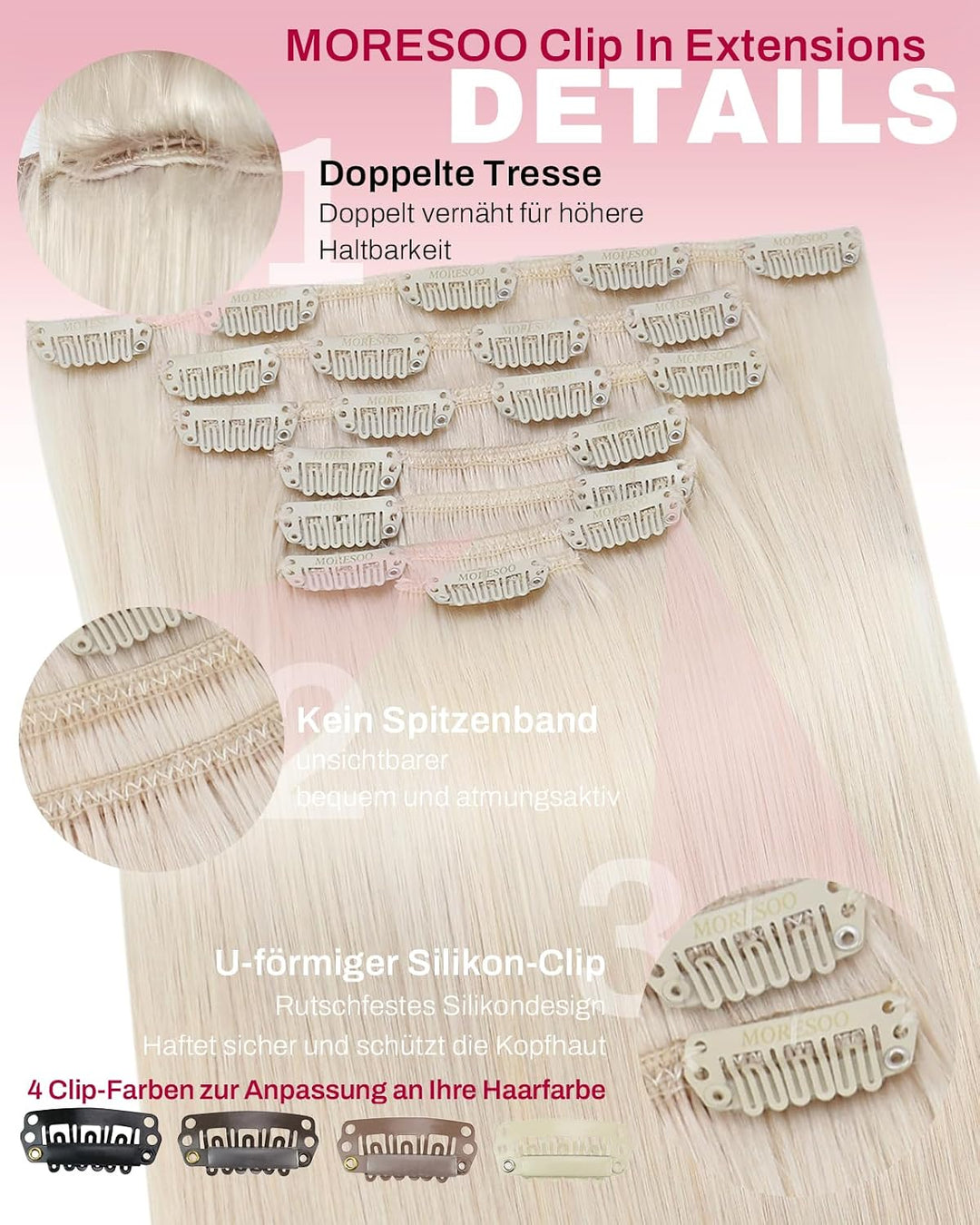 Moresoo Clip in Extensions Echthaar Blond Echthaar Extensions Clip Weissblond Remy Haarverlängerung