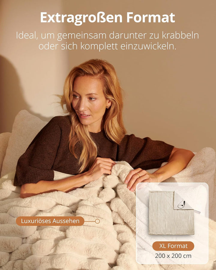 Duux Yentl Striped Elektrische Wärmedecke – 200x200 cm – Extra Weich – 9 Heizstufen & Timer – Waschb