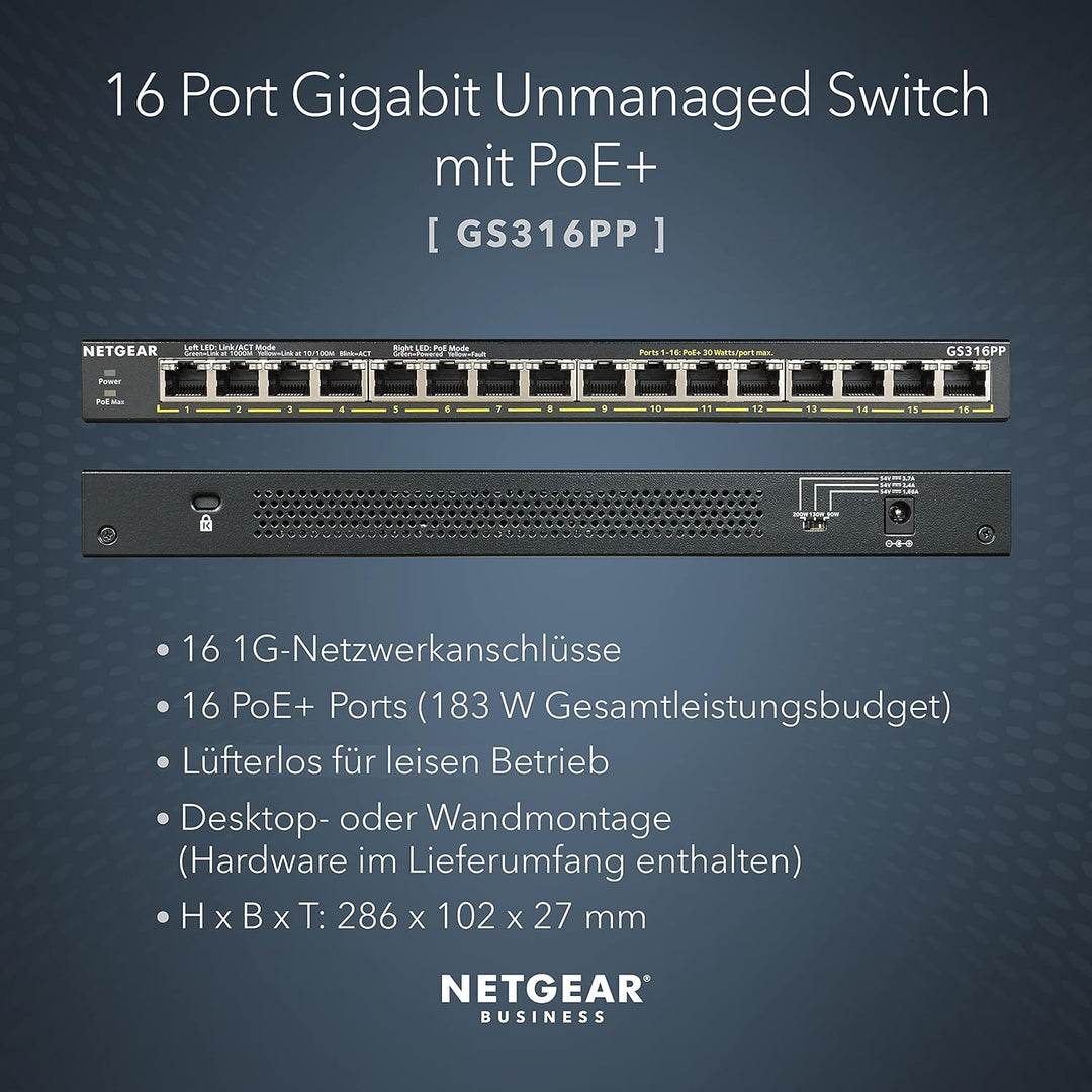 Netgear GS316PP 16 Port Gigabit Ethernet LAN PoE Switch (mit 16x PoE+ 183W, Plug-and-Play Netzwerk S