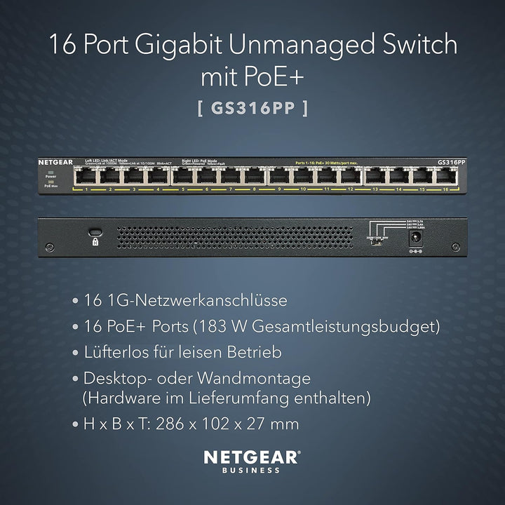 Netgear GS316PP 16 Port Gigabit Ethernet LAN PoE Switch (mit 16x PoE+ 183W, Plug-and-Play Netzwerk S