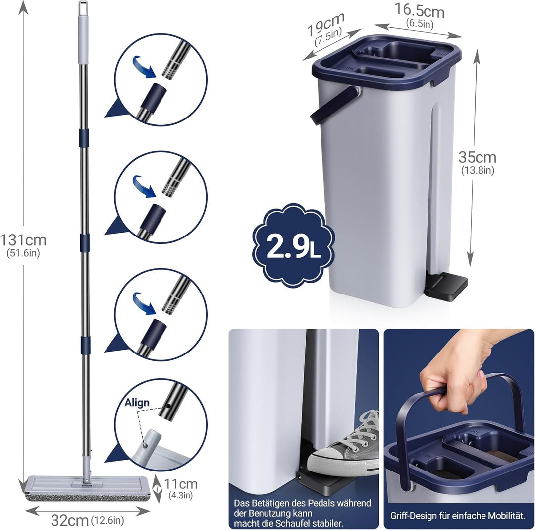 MASTERTOP Wischmopp Set mit Eimer, Bodenwischer Flachmopp mit Edelstahlgriff und 3 Mikrofaser Moppko