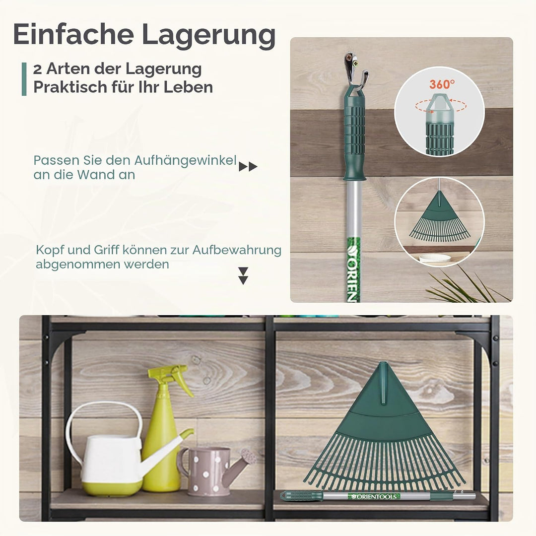 ORIENTOOLS Garten Laubrechen, Garten Rechen für Rasen Laub mit verstellbarem Griff 120 bis 165 cm Re
