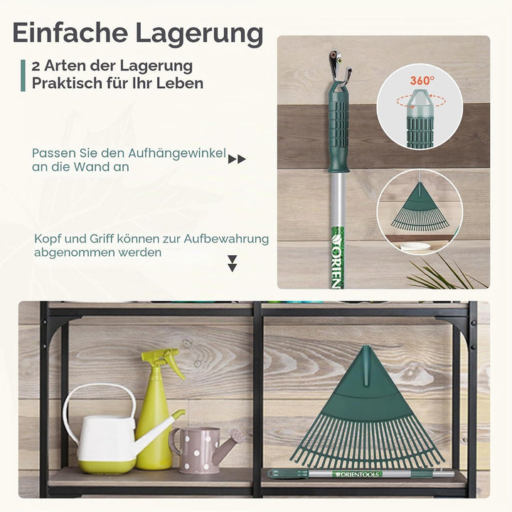 ORIENTOOLS Garten Laubrechen, Garten Rechen für Rasen Laub mit verstellbarem Griff 120 bis 165 cm Re