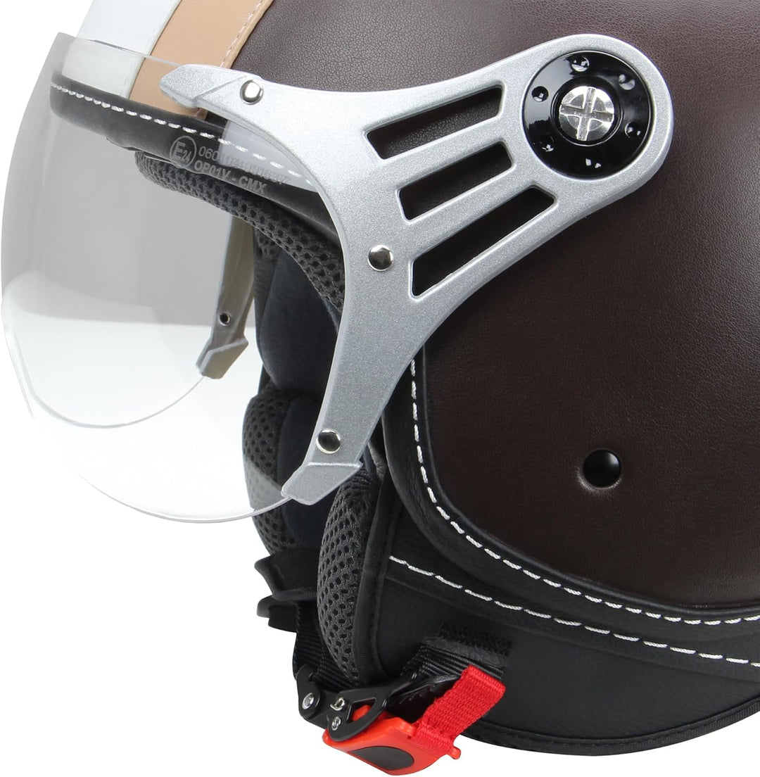 Motorradhelm Jethelm Rollerhelm CMX Chap weiss beige mit Leder braun in Grösse M