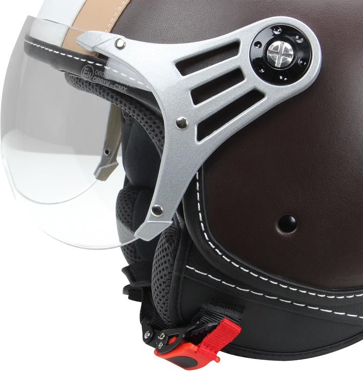 Motorradhelm Jethelm Rollerhelm CMX Chap weiss beige mit Leder braun in Grösse M