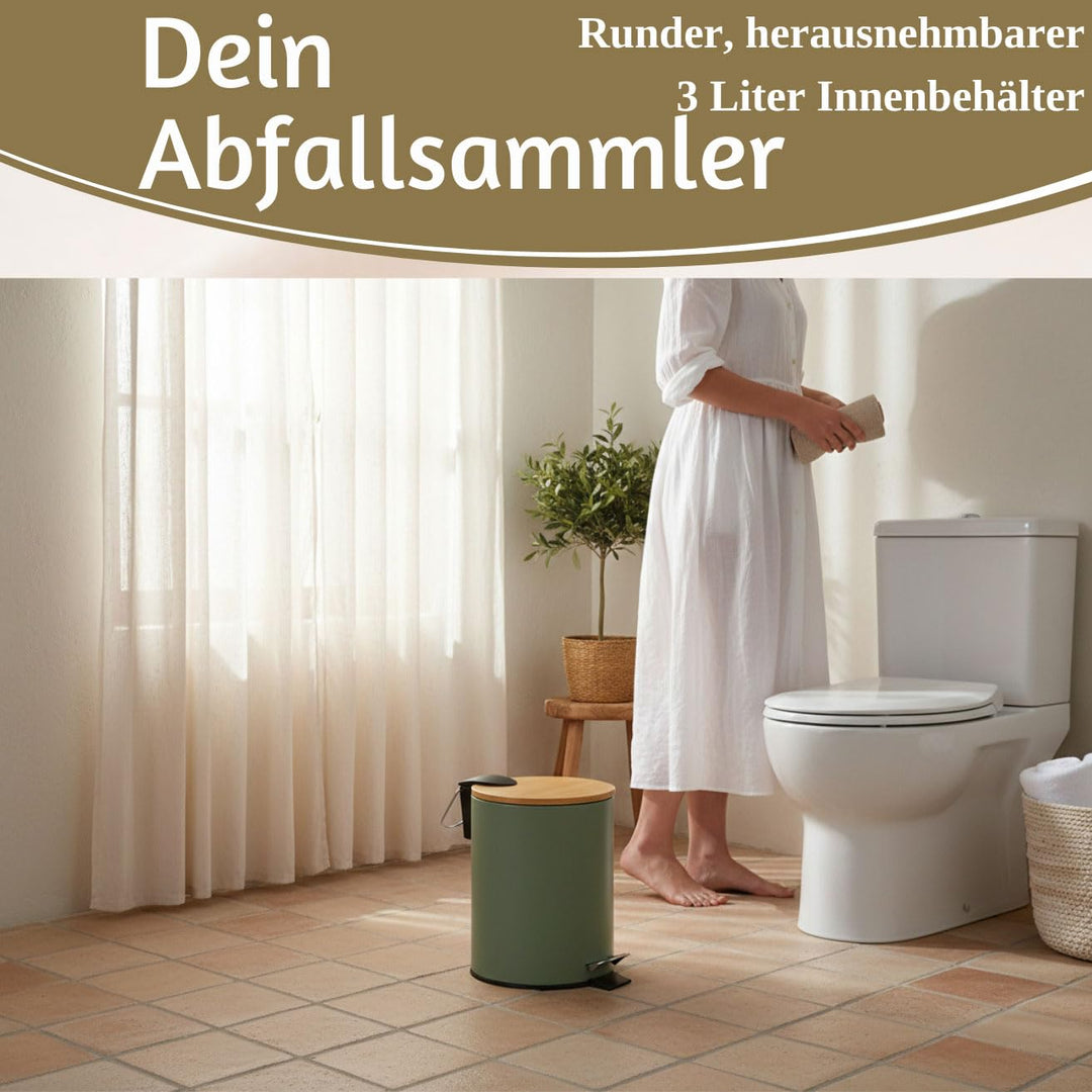 LS-LebenStil Tretmülleimer Papierkorb 3L Matt Grün Rund mit Softclose Holz Deckel Treteimer Fusspeda