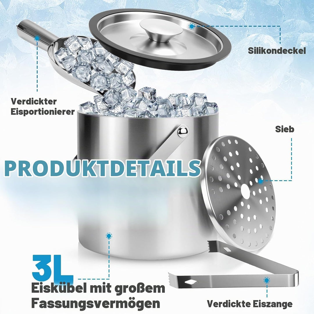 3L Eiswürfelbehälter mit Deckel Eiskübel Edelstahl Eisbehälter für Eiswürfel Doppelwandiger Isoliert