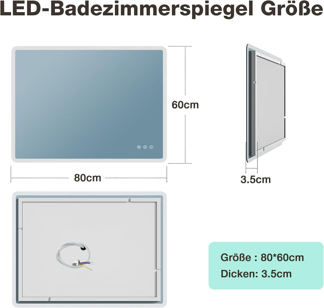 Badezimmerspiegel Led Badspiegel 80x60 cm, Rechteckig, Touch-Schalter, Dimmbar, 3 Lichtfarbe Einstel