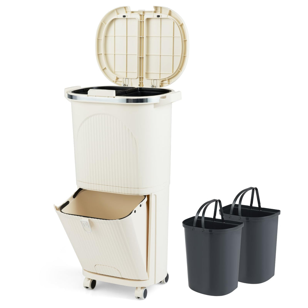 GIANTEX Mülleimer Küche 3 Fächer, Mülltrennsystem mit 2 x 12L Inneneimer & 14L Treteimer, Abfalleime