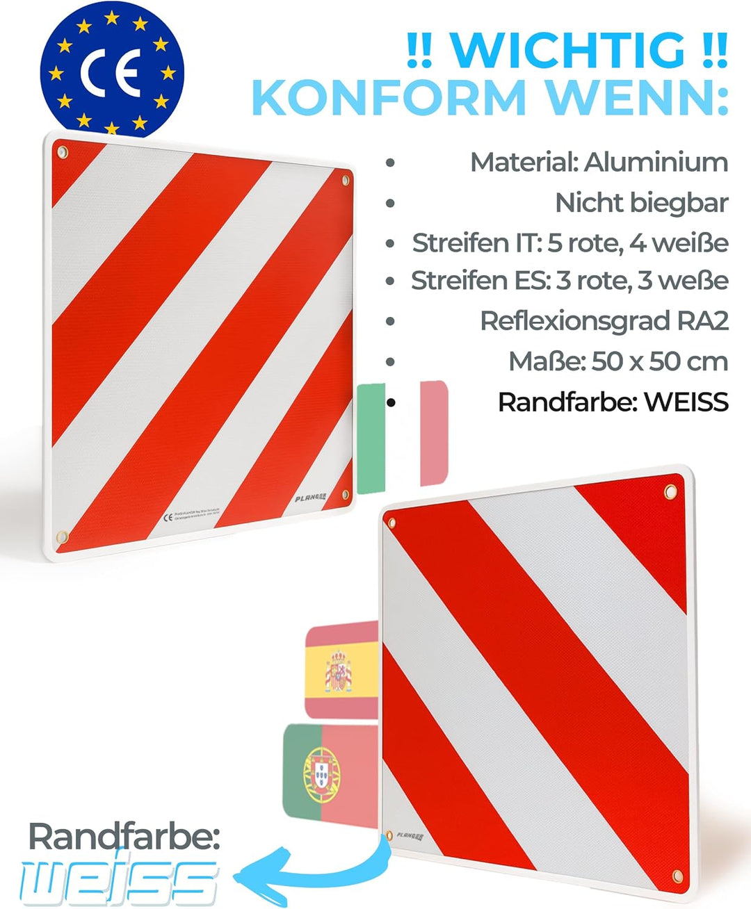 PLANGER® - Warntafel Italien und Spanien 2in1 (50 x 50 cm) - Reflektierendes Warnschild rot weiss fü
