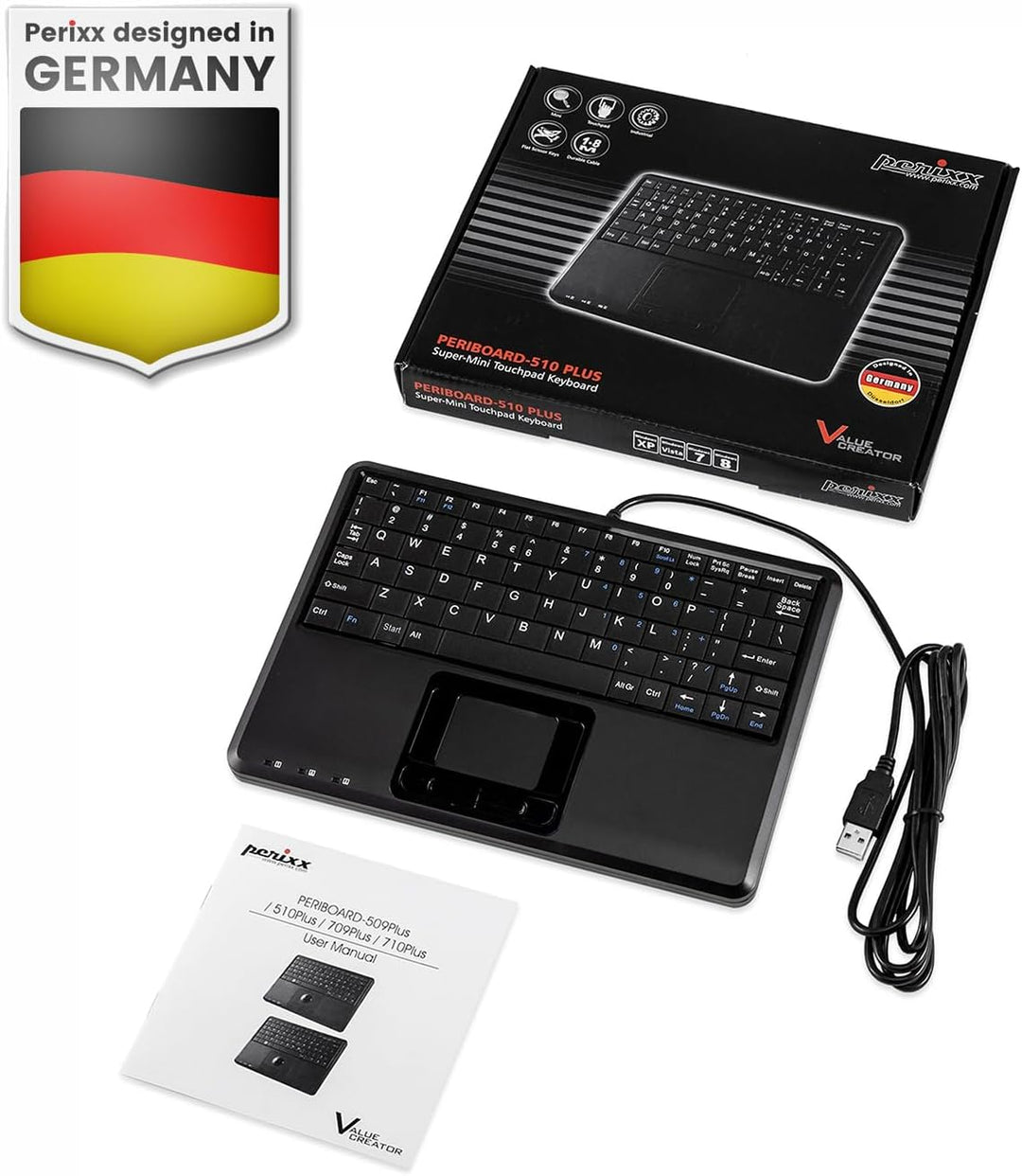 Perixx PERIBOARD-510 H Plus Super Mini Touchpad Tastatur USB mit 2-Fach USB Hub schwarz Layout: Deut