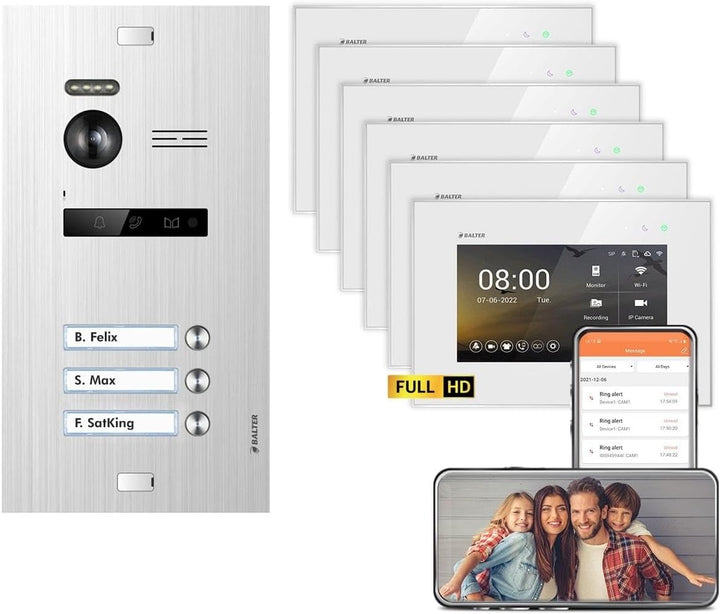 Nonic Balter EVO HD Silber/Weiss WiFi Video Türsprechanlage Set für 3 Familienhaus (1x Türstation mi