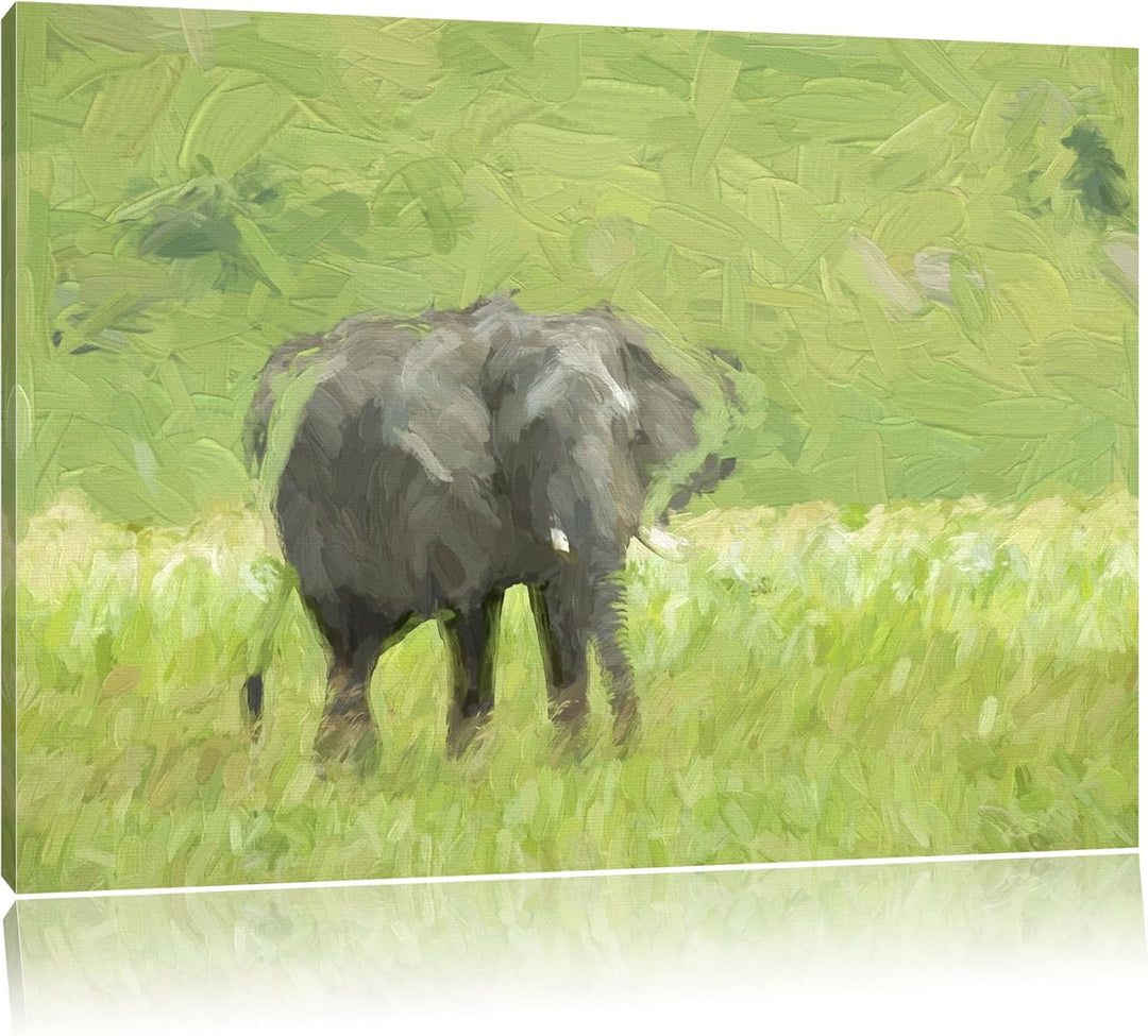 gigantischer Elefant im Gras Spezial Format: 100x70 cm auf Leinwand, XXL riesige Bilder fertig gerah