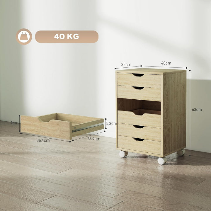 HOMCOM 6-schübiger mobiler Aktenschrank, Eichenholzoptik, Eiche