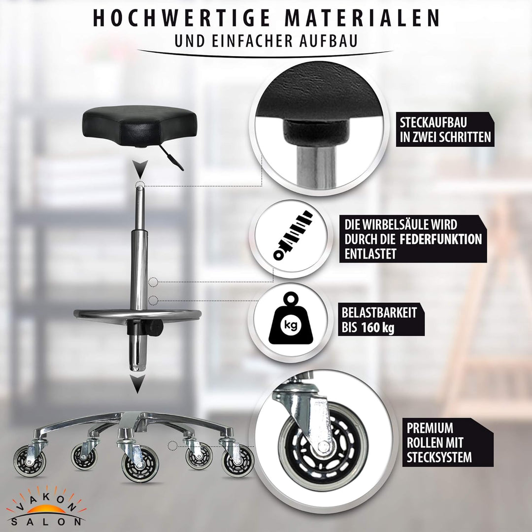 Ergonomischer Rollhocker mit Premium-Rollen und Fussring - Höhenverstellbar von 55-75 cm - Drehhocke