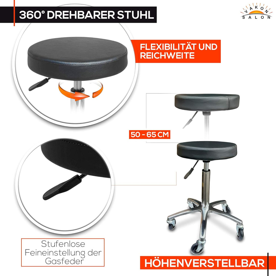 VAKON SALON - Rundocker auf hochwertigen Rollen - höhenverstellbarer Drehhocker 50-65 cm, Rollhocker