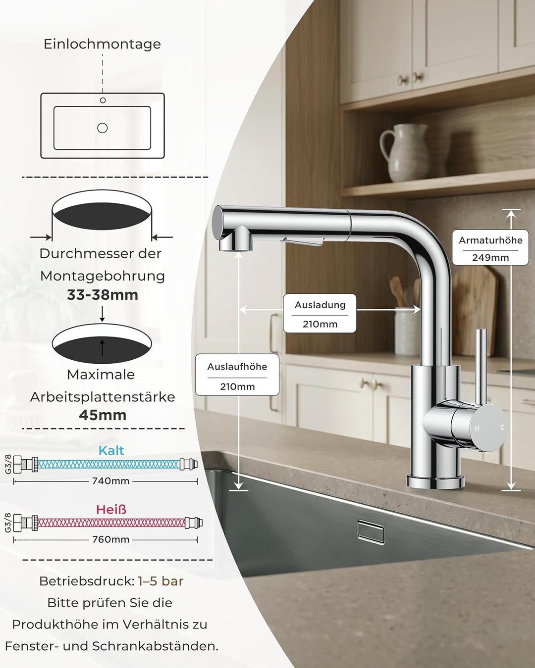 FORIOUS Wasserhahn Küche, Küchenarmatur Ausziehbar mit Brause, Spültischarmatur Küche, L-Förmiger Ed