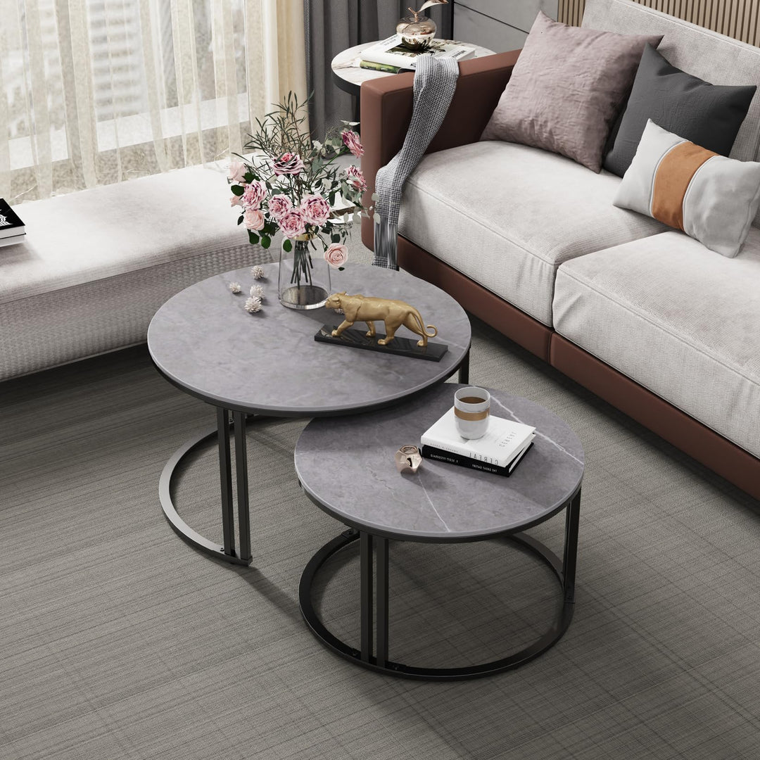 FATIVO Marmor Couchtisch 2er Set, Satztisch Rund Wohnzimmertisch mit schwarz Metallrahmen - Stabiler