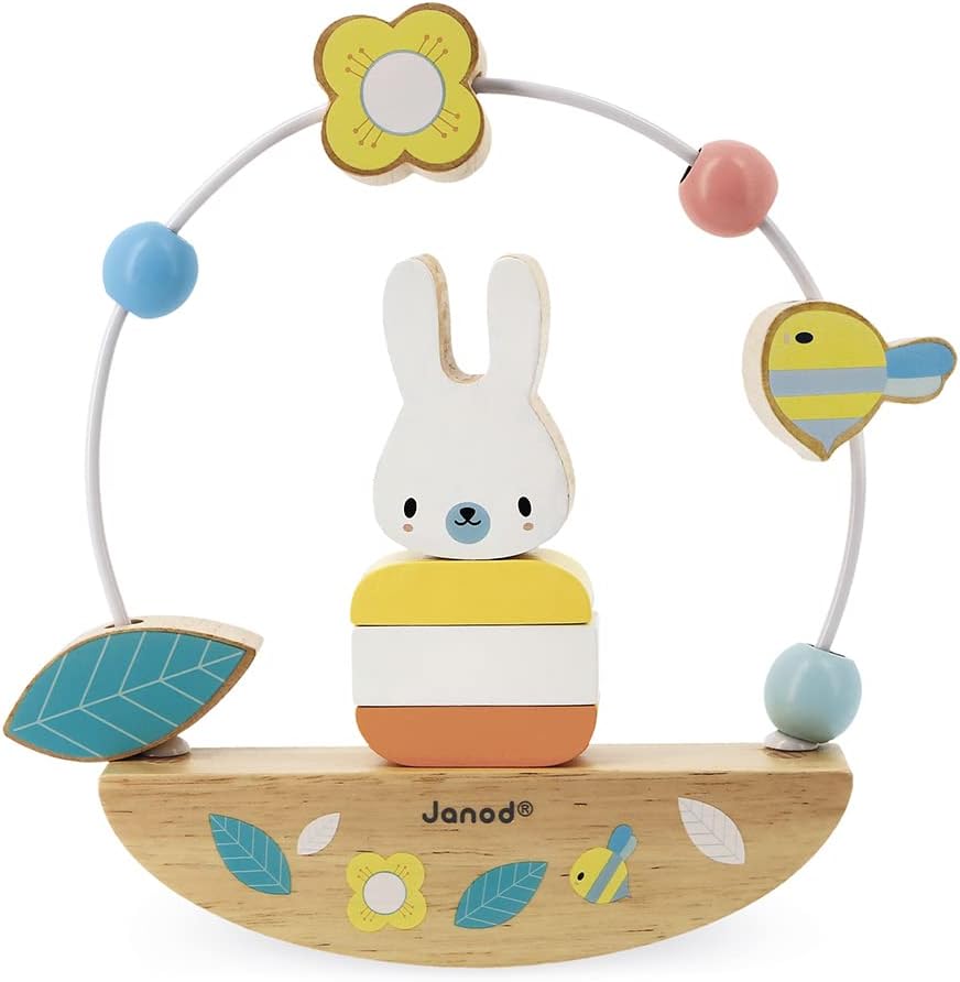 Janod - Motorikschleife mit Hase Pure - Entwicklungsspielzeug aus Holz - 3 Lernaktivitäten - Feinmot