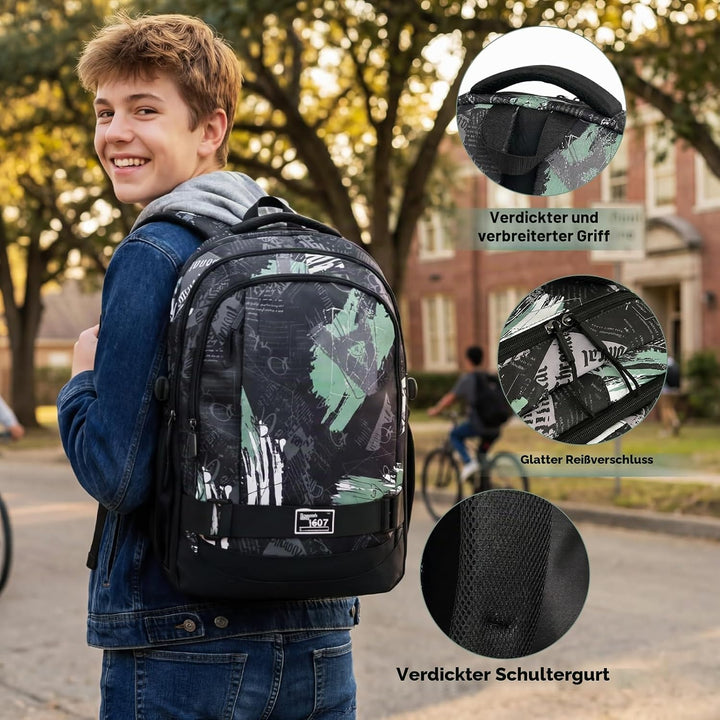 Amythe Schulrucksack Jungen Teenager, Rucksack Schule Gymnasium Oberstufe Schulranzen mit Trolley-Gu
