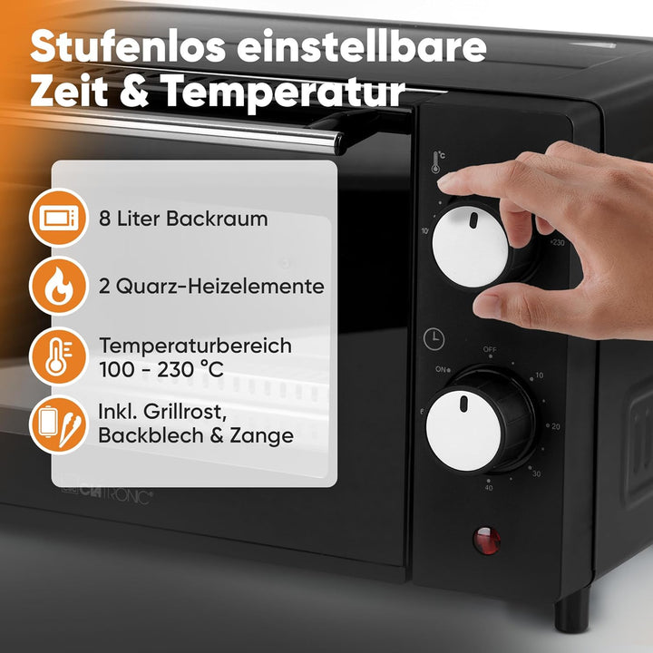 Clatronic MB 3746 Minibackofen, 8 Liter Backraum, Ober- und Unterhitze, 60 Minuten-Timer mit Endsign