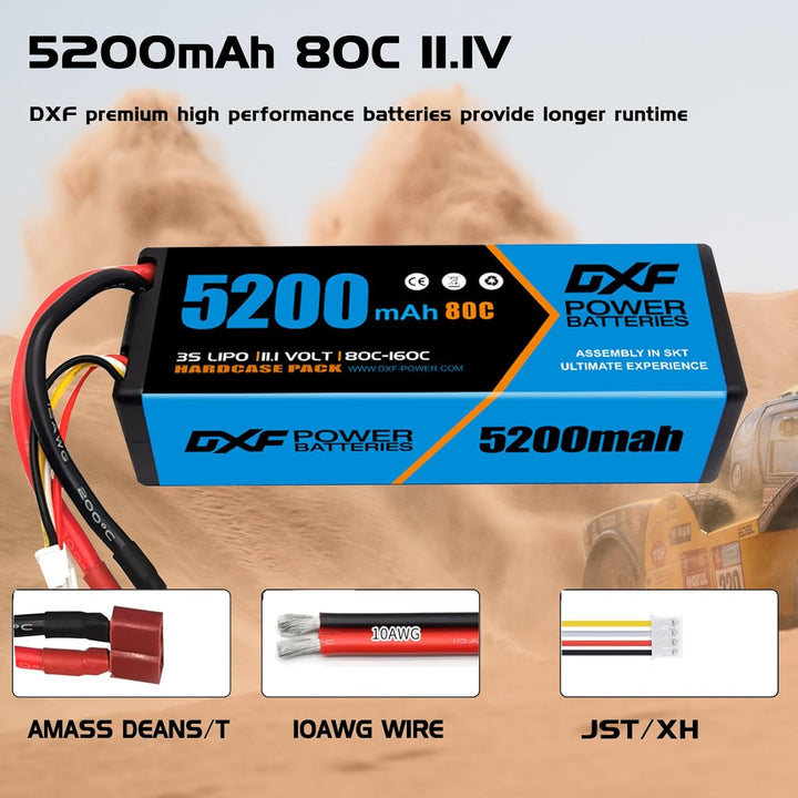 DXF 3S LiPo Akku 11.1V 80C 5200mAh Hardcase Batterie mit T Steck für RC Auto, RC Flugzeug, RC Hubsch