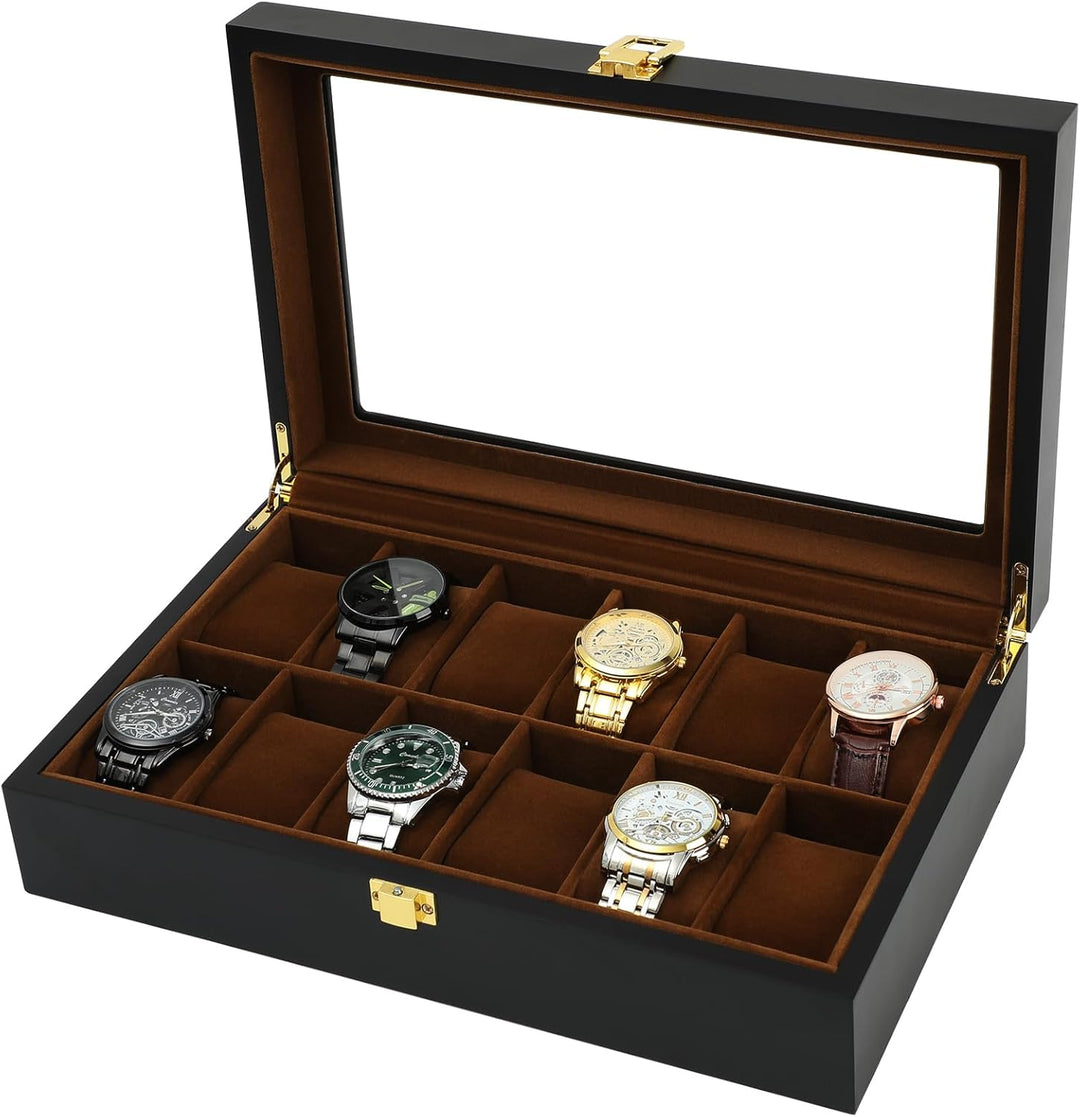 R.SHENGTE Uhrenbox,12 Slots Holzuhr Organizer Box mit Glasdeckel,Schmuck Aufbewahrungsbox für Männer