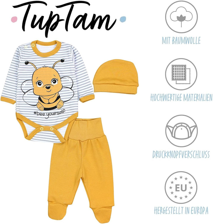 TupTam Baby Set mit Langarmbody, Hose &amp; Mütze – 3-teilig 68 Biene Gelb / Streifen Grau, 68 Biene Gel