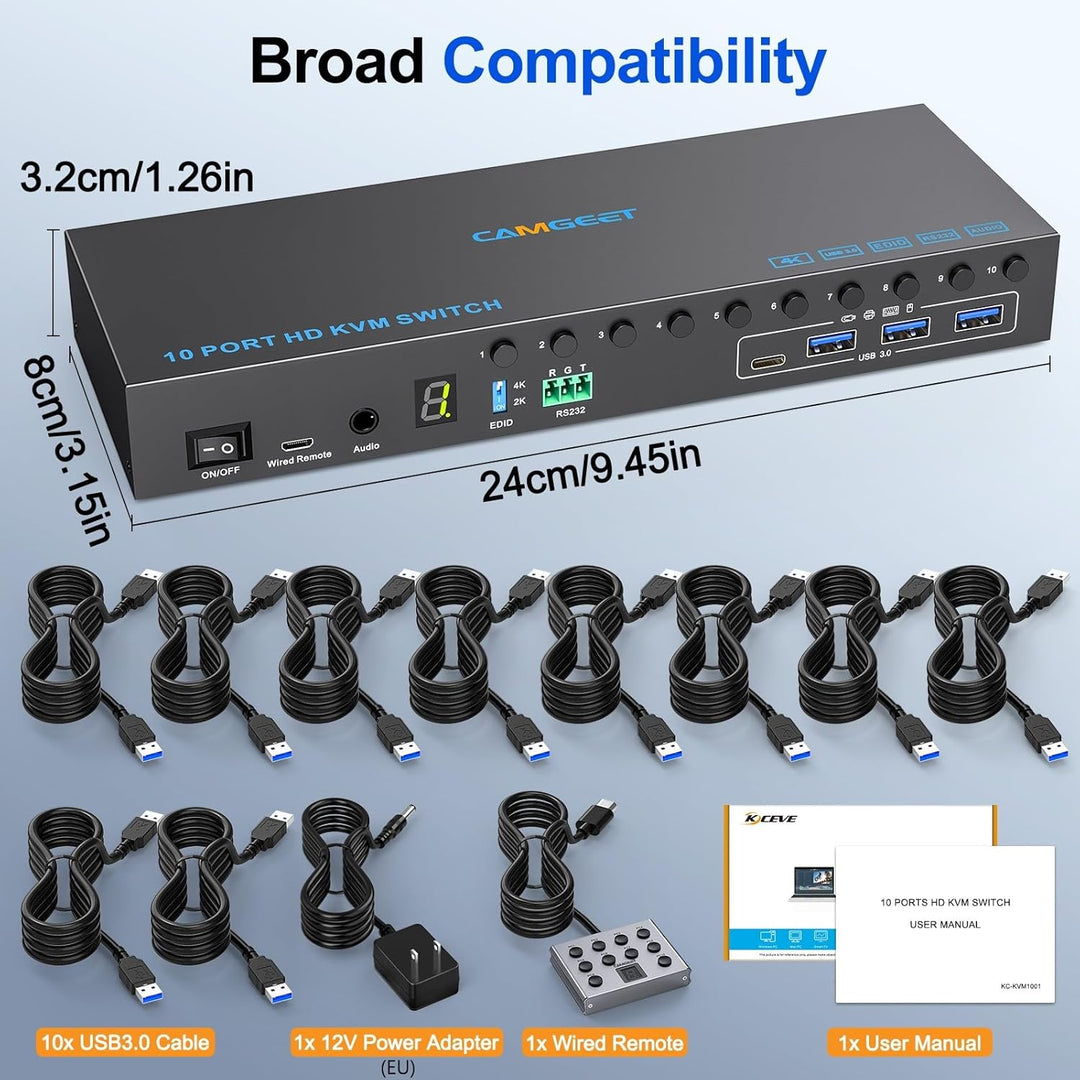 10 Port 8 Port KVM Switch HDMI 4K@60Hz EDID Simulation, USB 3.0 HDMI KVM Switches für 10 PC Teilen 1