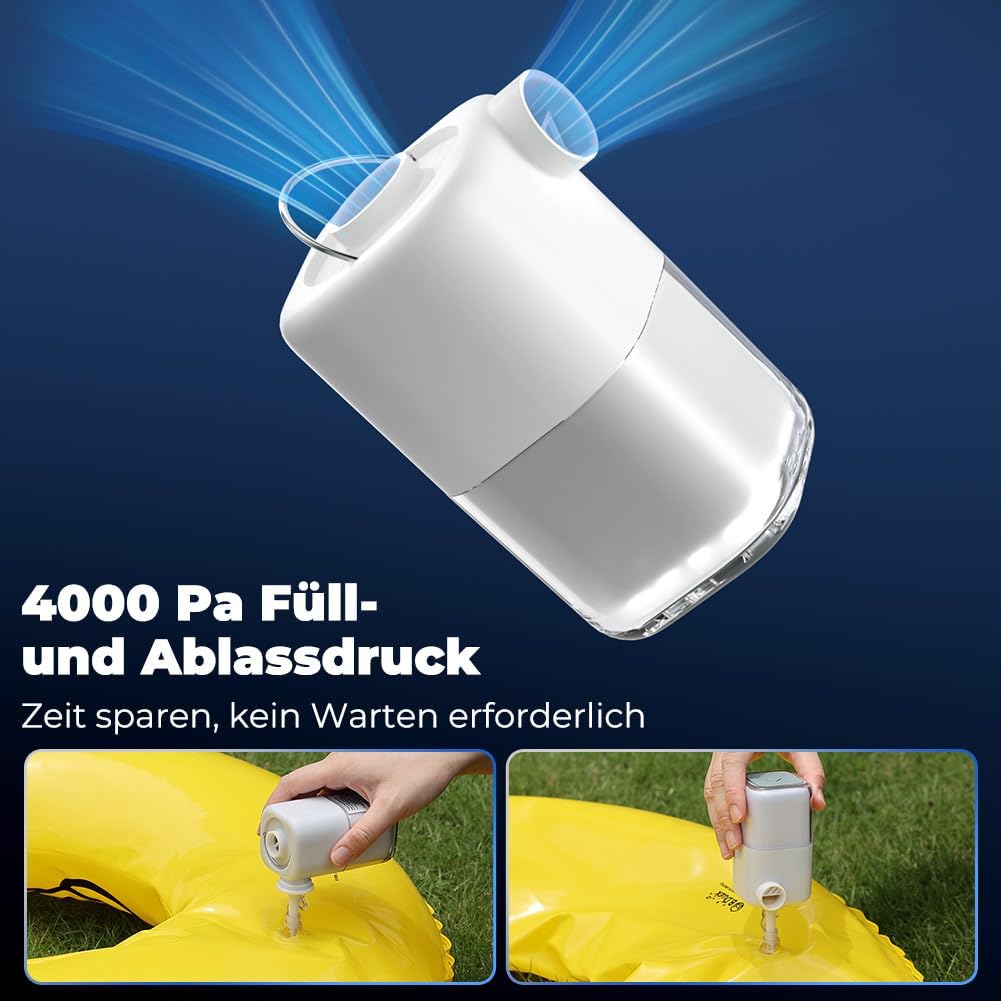 Elektrische Luftpumpe 4000Pa, Mini Pumpe Luftpumpe für Luftmatratze mit Wiederaufladbare Akku, mit 5