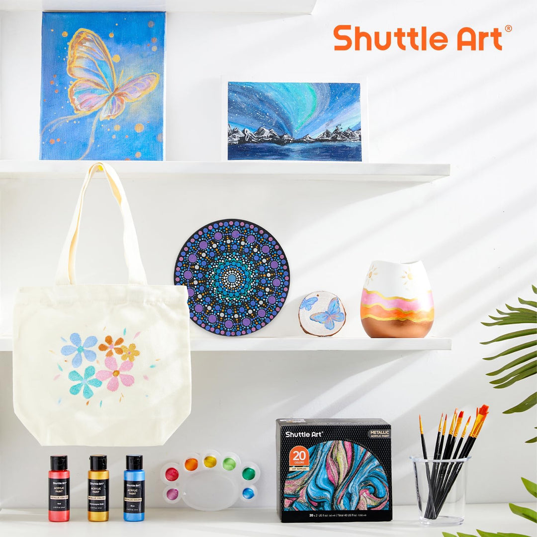 Shuttle Art Metallic Acrylfarben Set, 20 bunte Metallic Acryl Farben in Flaschen (60 ml), 3 Pinselse