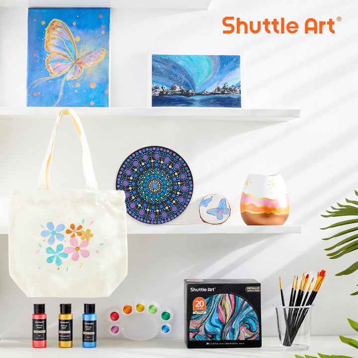 Shuttle Art Metallic Acrylfarben Set, 20 bunte Metallic Acryl Farben in Flaschen (60 ml), 3 Pinselse