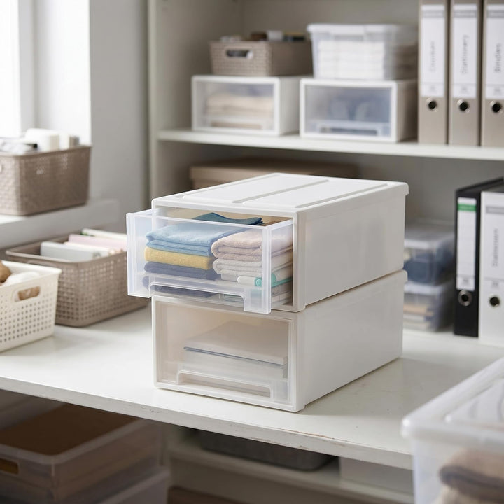 2 Stück Schubladenbox Kunststoff Weiss, 30 x 22 x 12cm Stapelbare Schreibtisch Organizer mit Schubla