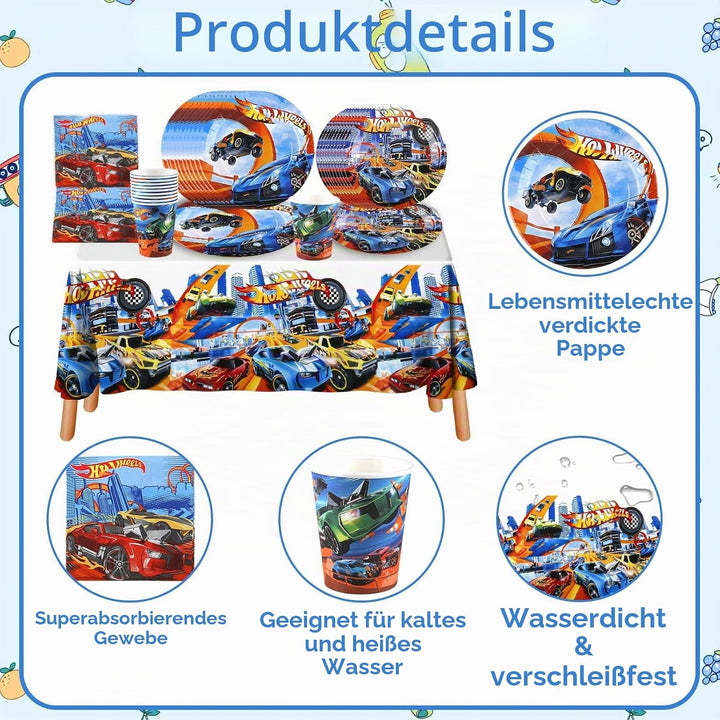 Rennauto Partygeschirr Set- Autos Pappteller Kindergeburtstag Deko Cars Partygeschirr Set Wheels Geb
