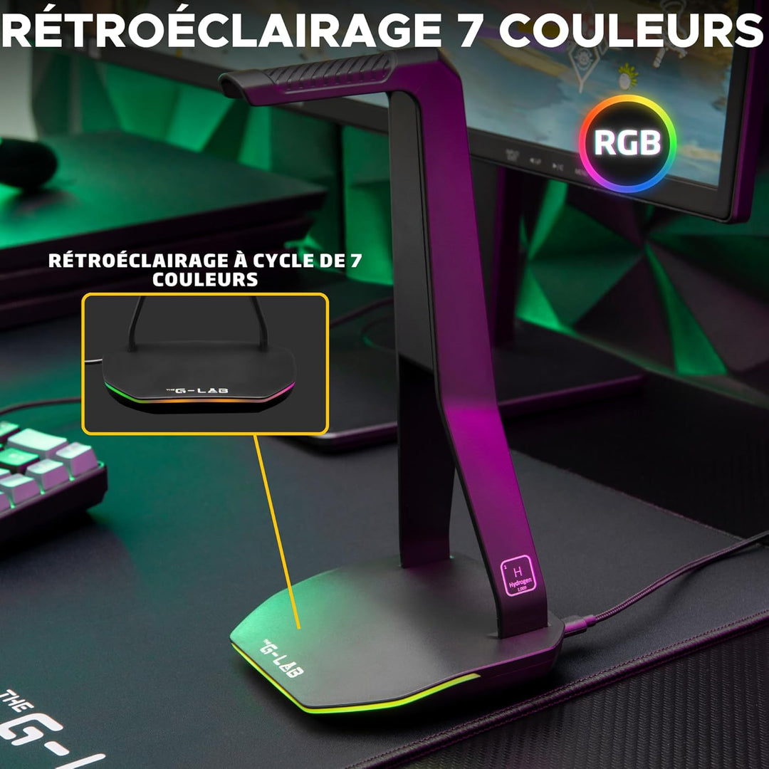 The G-Lab – K-Stand Hydrogen – Gaming Kopfhörer Ständer – RGB mit 7 Farben, EIN/Aus-Schalter, 2X USB
